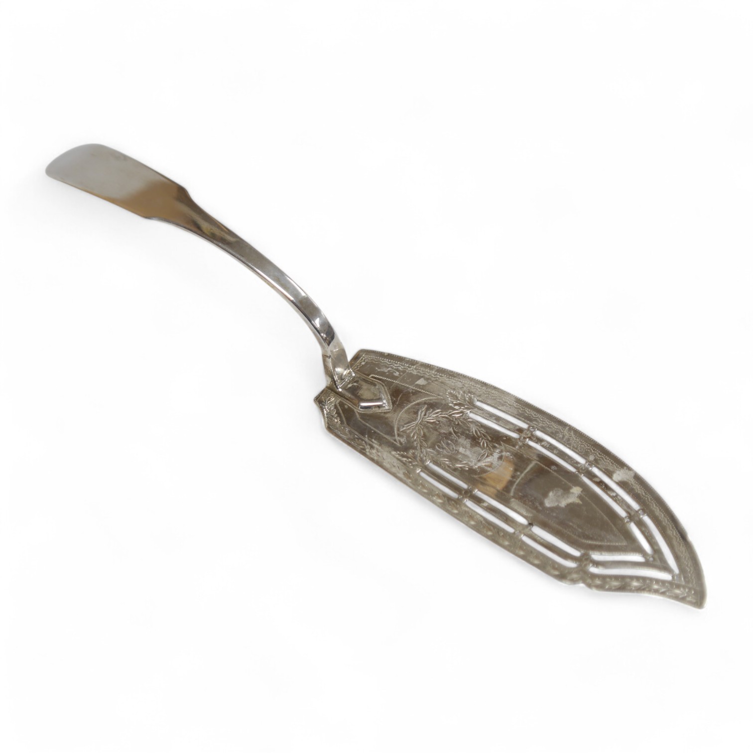 A Georg III Scottish silver fiddle pattern fish slice by William Auld, Edinburgh, 1807, 29.7cm. Condition - fair to good